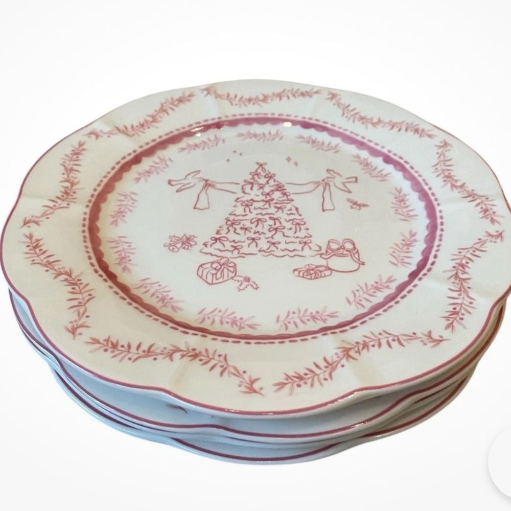 Monterey Bay Porcelain Christmas Dinner Plates 10.5in Pink & White Set of 4 NEW